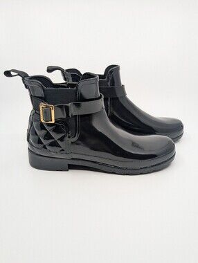 Hunter Quilted Gloss Refined Slim Fit Chelsea Rain Boots Black 8 39